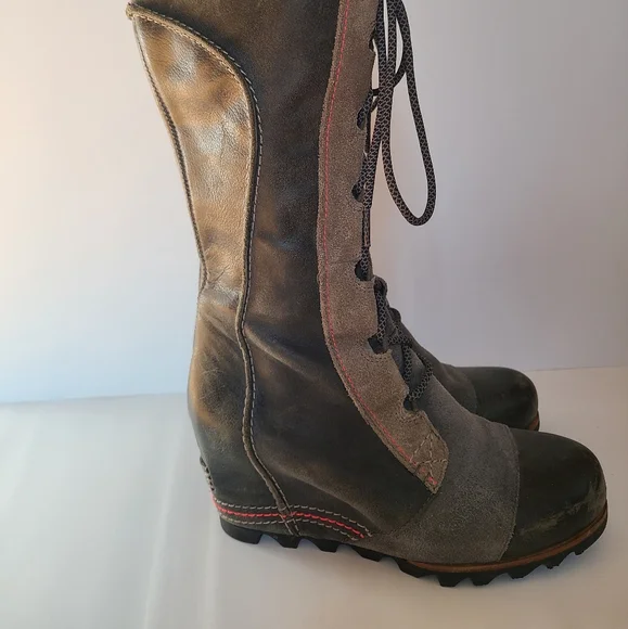 Sorel Cate The Great Wedge Tall Stylish Lace-Up Boots with Red Stitching - Picture 14 of 14